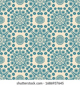 Blue color floral modern mandala seamless pattern for tile, wallpaper, wrapping, textile, bags and bedsheet. Ethnic motif endless fabric for carpet. Geometric texture on light background.