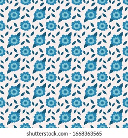 Blue color flower seamless pattern with leaves for wallpaper, wrapping, textile, bags and bedsheet. Botanical endless fabric. Floral repeat texture for tile.