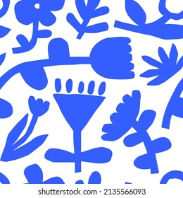 Blue color flower seamless pattern illustration. Children style floral doodle background, funny basic nature shapes wallpaper.