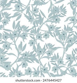 Blue color flowers and branches, blue outline around the pattern, white background. Seamless floral pattern-332.