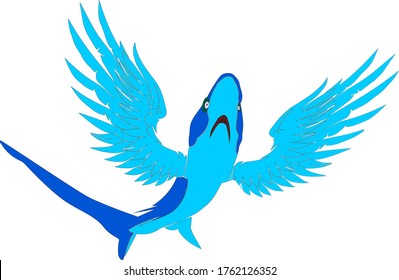 Blue color flying shark at attacking posture vector image created on plane background, shark fish with open wings on air.