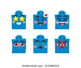 Blue color gift box emoticon with star, excited, laughing, shy, confused and angry face