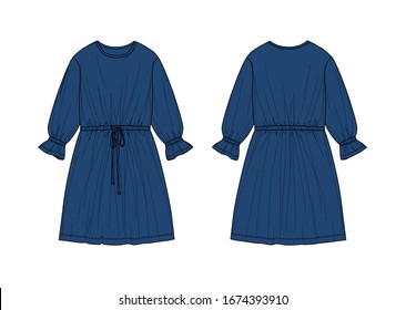 Blue Color Girl's Dress Design, Long Sleeve, Ruffle Sleeve Cuff, Elastic Band In Sleeve Wrist And Waist, With Waist String, Flat Sketch, Front And Back Views