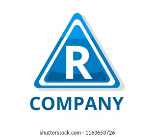 blue color glasses triangle button web logo graphic design with modern clean style for any professional company with initial type letter r on it