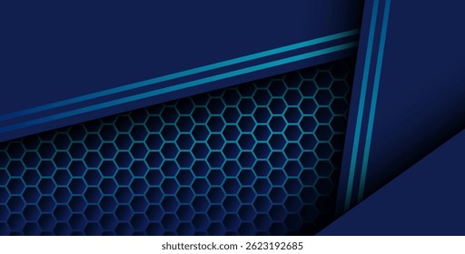 blue color with blue gradient list overlapping background, realistic overlap layer on hexagon pattern