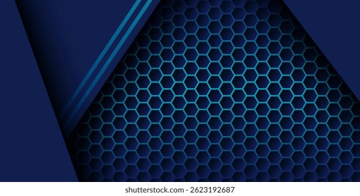 blue color with blue gradient list overlapping background, realistic overlap layer on hexagon pattern