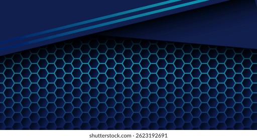 blue color with blue gradient list overlapping background, realistic overlap layer on hexagon pattern