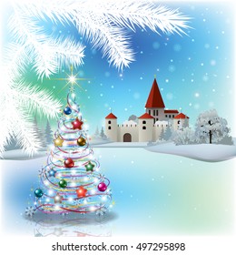 blue color greeting with castle and Christmas tree