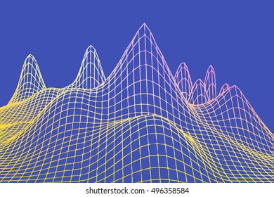 blue color grid squares in perspective. abstract background for design technology, programming, information related to IT -Information Technology , media, game. mountains terrain