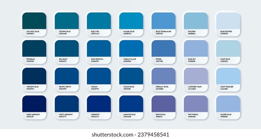 Blue Color Guide Palette with Color Names. Catalog Samples Blue with RGB HEX. Neomorphism Vector