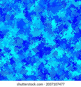 Blue Color Halftone Background. Abstract Texture with Squares for Textile Print, Banner, Card, Web or Mobile Applications. Modern Tech Halftone Pattern with Color Pixels. Vector Texture.