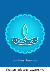 Blue color Happy Diwali card design with beautiful lamp inside circular frame. Vector illustration