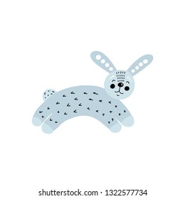 Blue color hare (rabbit) poster. Vector illustration in Scandinavian style. Funny, cute. Doodle cartoon Wild animals for kids.