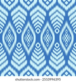 Blue Color of Ikat pattern, Thai art design, Ikat Ornament style, Ikat Print. Abstract geometric seamless pattern traditional ethic for decoration, clothing, fabric, textile, fashion.