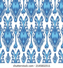 Blue Color Ikat Pattern - Traditional Silk Fabric In Uzbekistan And Central Asian Region. Old School Handmade Textile Product. Batik. 