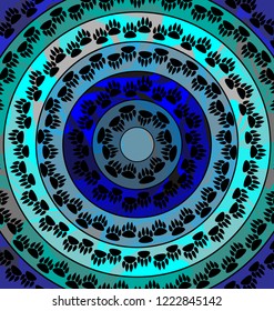 blue color image of circles consisting of lines, ornament and print of pets foot