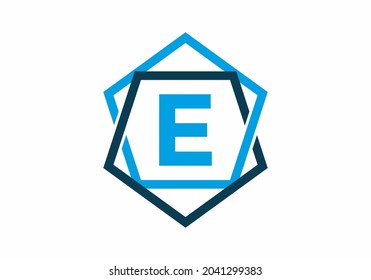 Blue color of initial letter E in pentagon frame design