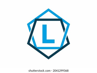 Blue color of initial letter L in pentagon frame design