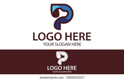 Blue Color Initial Letter P Negative Space Dog Logo Design
