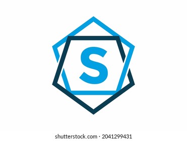 Blue color of initial letter S in pentagon frame design