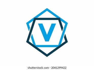 Blue color of initial letter V in pentagon frame design