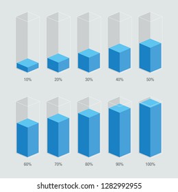 Blue color isometric chart bars, liquid histogram glasses 10% to 100% number text. Flat design illustration inforchart infographic elements for app ui ux web banner vector isolated on white background