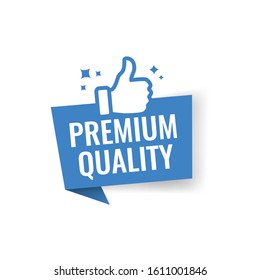 blue color label premium quality with thumb up. web banner illustration element