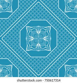Blue color lace pattern with floral element, border, frame. Vector illustration. For print, fabric textile, tablecloth, clothes
