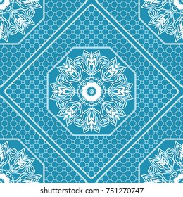 Blue color lace pattern with floral element, border, frame. Vector illustration. For print, fabric textile, tablecloth, clothes