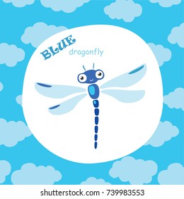 Blue color learning card for your baby with dragonfly in white circle and light blue background with clouds.