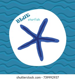 Blue color learning card for your baby with starfish in white circle and dark blue background with waves.