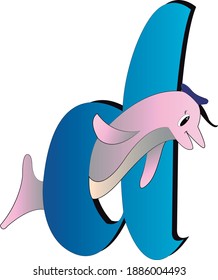 blue color letter d represented with pink dolphin wearing hat