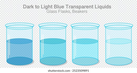 Color azul, transición de gradiente fluido claro a oscuro en taza de vidrio, frascos. Etapa solución líquida en recipiente. Azul marino, turquesa, aguamarina, cian.  Parte posterior transparente, cristalería de laboratorio brillante. Vector