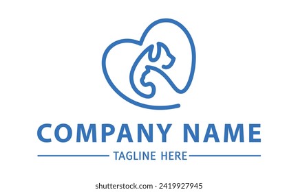 Blue Color Line Art Dog and Cat Paw Logo Design