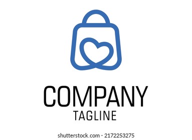 Blue Color Line Art Love Shopping Bag Logo Design