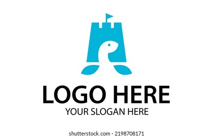 Blue Color Line Art Tortoise Castle Logo Design