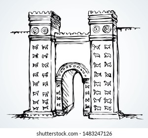 Blue color line lion animal relief statue brick decor babil hillah on white sky text space. Outline black hand drawn logo icon sign design in retro artist engrave middle orient bible style. Front view