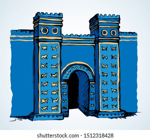 Blue color line lion animal relief statue brick decor babil hillah on white sky text space. Outline black hand drawn logo icon sign design in retro artist engrave middle orient bible style. Front view