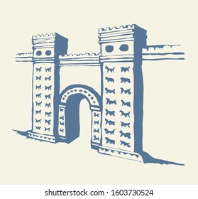 Blue color line lion animal relief statue brick decor babil hillah on white sky text space. Outline black hand drawn logo icon sign design in retro artist engrave middle orient bible style. Front view