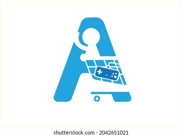 
blue color logo initial A and shopping cart