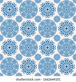 Blue color mandala seamless pattern for wallpaper, wrapping, textile, bags and bedsheet. Contemporary motif endless fabric on light background for tile. Modern geometric repeat texture vector.