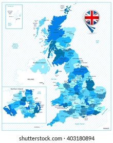 Blue color map of the Great Britain. All elements are separated in editable layers clearly labeled.