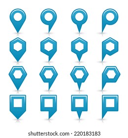 Blue color map pin icon satin location sign with empty copy space, gray shadow and reflection isolated on white background. Web design element save in vector illustration 8 eps