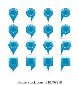 Blue color map pin sign satin location icon with dark empty copy space and gray shadow, reflection isolated on white background. Web design element save in vector illustration 8 eps