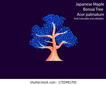 Blue color Maple tree bonsai Flat vector icon illustration