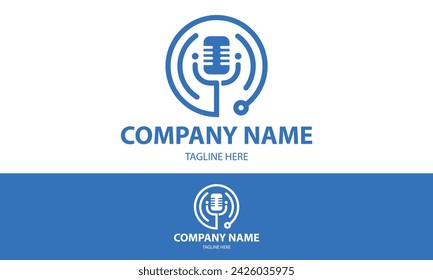 Blue Color Mic Podcast Line Art Logo Design