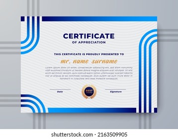 Blue color modern line art certificate design, Diploma certificate of appreciation template, simple and elegant design.