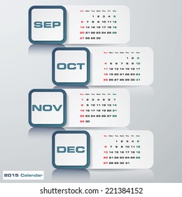 blue color modern simple editable vector calendar 2015. 4 months September-December.