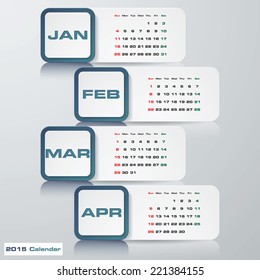 blue color modern simple editable vector calendar 2015. 4 months January-April