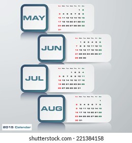 blue color modern simple editable vector calendar 2015. 4 months May-August